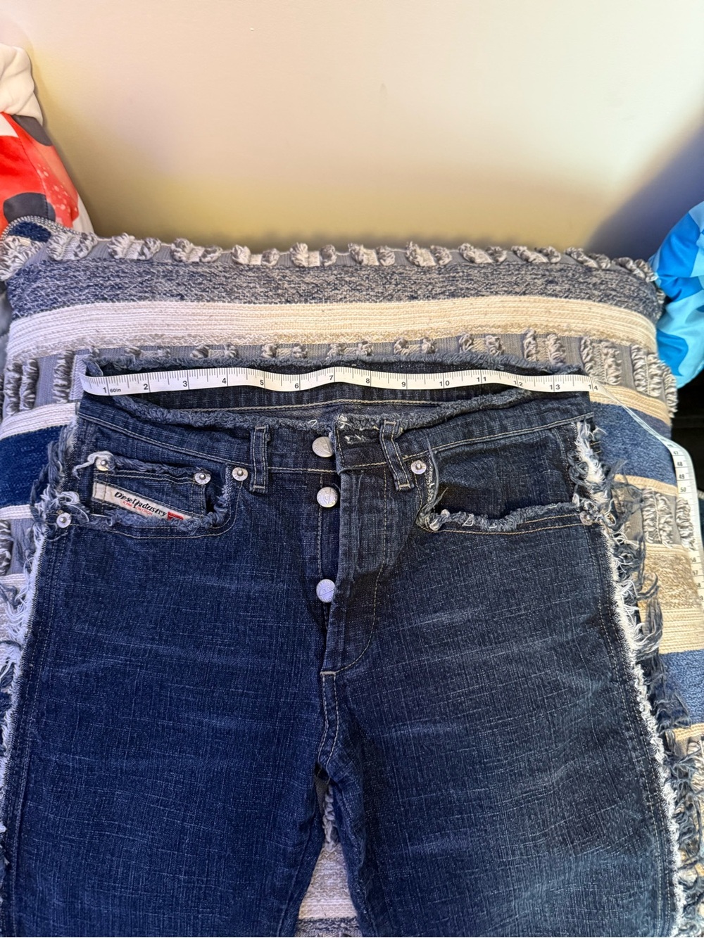 Blue Distressed Flare Jeans with Frayed Side Detail - Picture 4 of 6